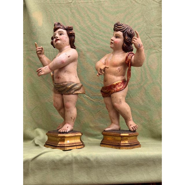 Baroque Baroque Angels in Polychrome Wood, Set of 2 For Sale - Image 3 of 12