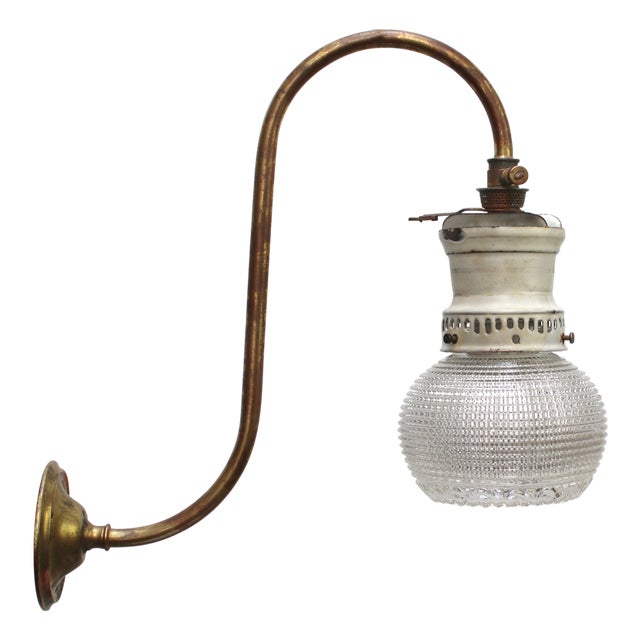 German Holophane Glass Brass and Enamel Converted Gas Wall Lamp, 1910s For Sale