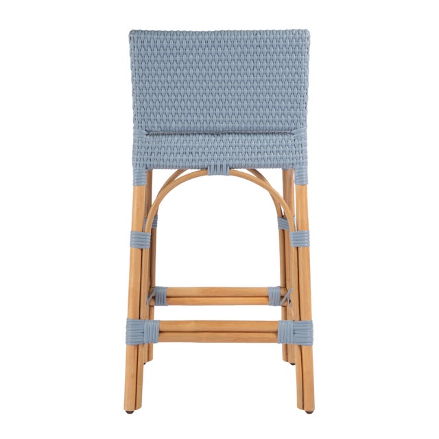 Wood Serienna 24.5 in. Seat Height Rectangular Rattan Low Back Counter Stool, Baby Blue/ Natural Rattan Frame For Sale - Image 7 of 9