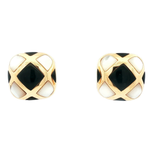 Mother of Pearl and Onyx Inlayed 18k Yellow Gold Button Earrings, A Pair