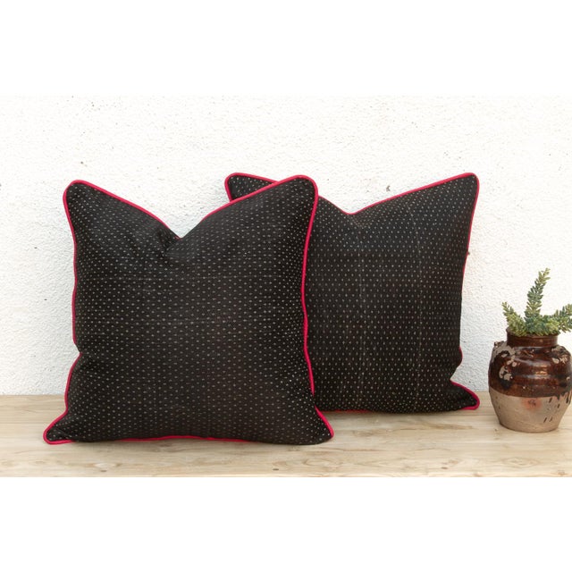 Textile Pair of Black Dotted Gujarati Mashru Pillows For Sale - Image 7 of 7