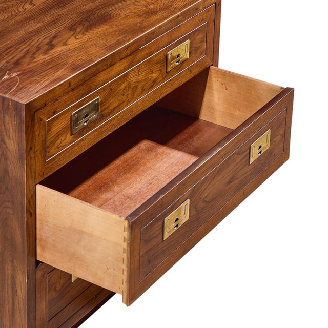 Henredon Scene One Mid Century Oak and Brass Campaign Dresser Chests of Drawers - Pair For Sale - Image 9 of 12