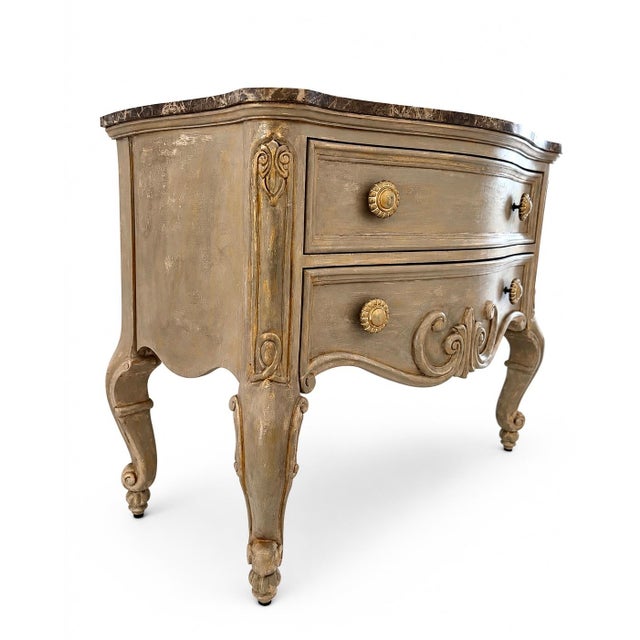 Wood French Marble Top Commode – Hand Carved Walnut & Gold Patina Chest For Sale - Image 7 of 9