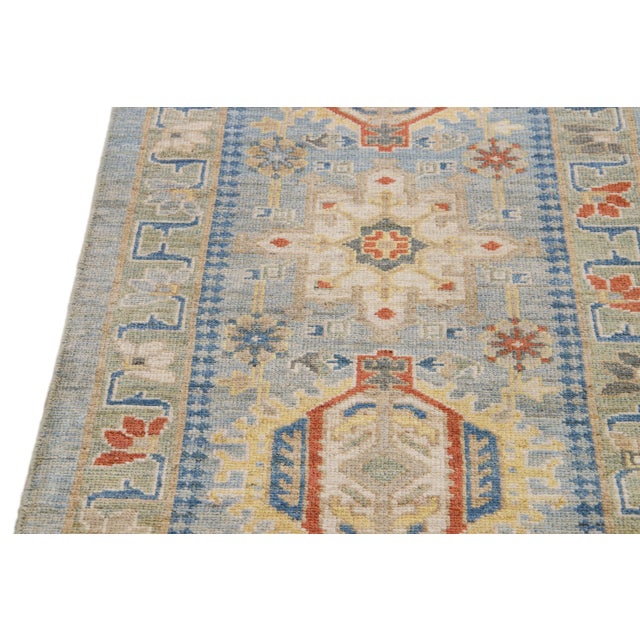 Modern Sultanabad Handmade Geometric Pattern Blue Wool Long Runner For Sale - Image 9 of 10