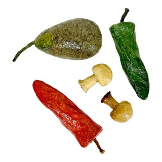 1980s Vintage Boho Chic Lacquered Papier Mache’ Vegetables & Mushrooms Sculptural Objects - Set of 5 For Sale