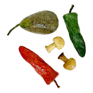 1980s Vintage Boho Chic Lacquered Papier Mache’ Vegetables & Mushrooms Sculptural Objects - Set of 5