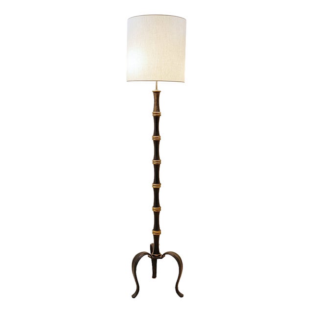 Tripod Floor Lamp in Wrought Iron and Brass with Bamboo-Style Stem For Sale