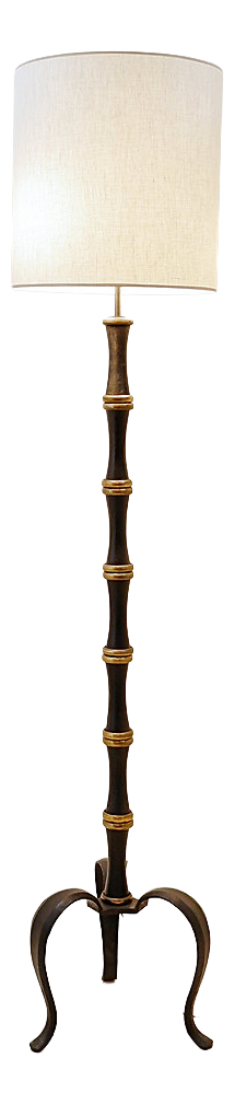 Tripod Floor Lamp in Wrought Iron and Brass with Bamboo-Style Stem
