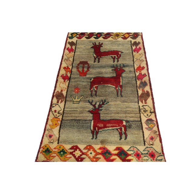 Tribal 1950s Vintage Gabbeh Tribal Rug in Gray With Red Pictorial Deer Patterns For Sale - Image 3 of 8