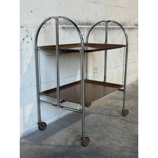 Chrome Folding Rolling Bar Cart With Wood Grain Trays Mid-Century Modern 1970s For Sale - Image 4 of 10