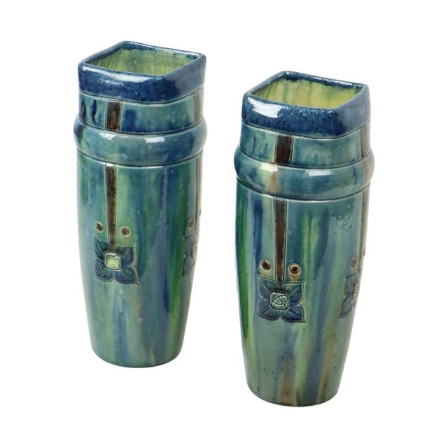 Antique Art Nouveau Flemish Blue Earthenware Vases, 1890s, Set of 2 For Sale - Image 12 of 18
