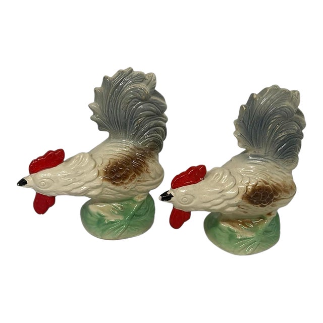 Vintage Hand-Painted Lusterware Ceramic Rooster Figurines From Brazil - A Pair For Sale