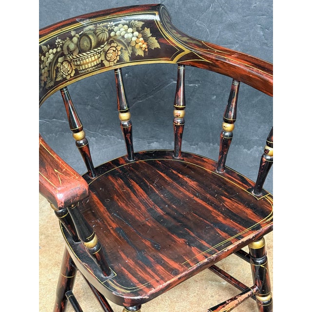American Ebonized Captain's Chair With Federal Style Fruitful Bounty Basket For Sale - Image 15 of 16