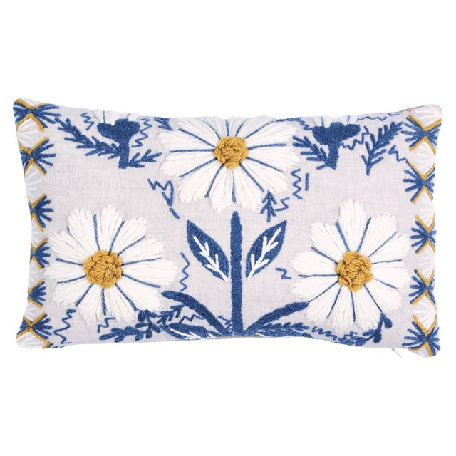 Textile Schumacher Marguerite Embroidery Pillow in Blue & Ochre For Sale - Image 7 of 7