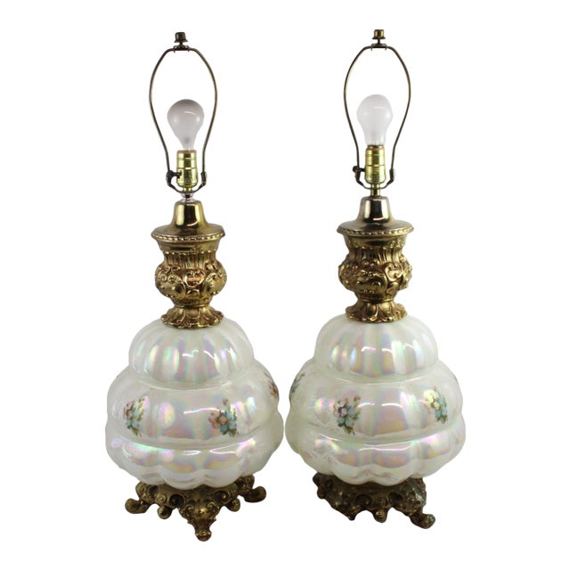 Vintage Opalescent Glass Table Lamps White Floral Nightlight Base - A Pair For Sale