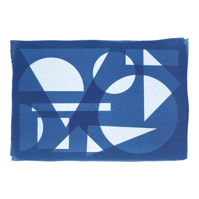 2022, Space Age Style Monotype " Futurist Transparent Shapes", Handmade Unique Cyanotype on Watercolor Paper For Sale