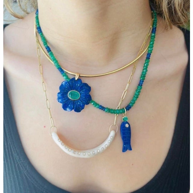 Modern Flora Pendant, Lapis Flower With Emerald & 14k Gold For Sale - Image 3 of 11
