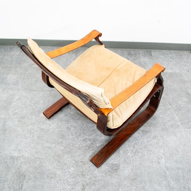 Wood Mid Century Danish Modern Lounge Chair Brown Leather Armchair Tan Saddle Arms For Sale - Image 7 of 12
