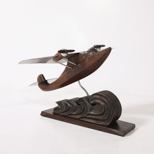 Art Deco Anthoine Art Bois Carved Wood and Metal Seaplane Model on Stand For Sale In New York - Image 6 of 14