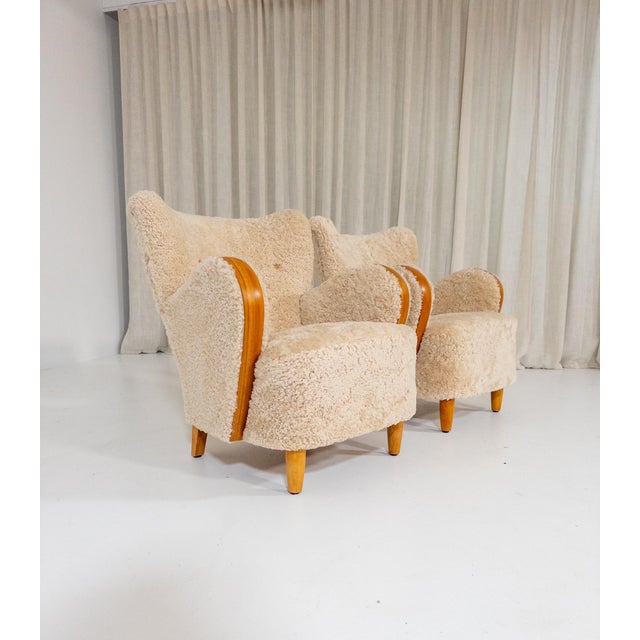 Swedish Modern Sheepskin Lounge Chairs, 1940s, Set of 2 For Sale - Image 12 of 12