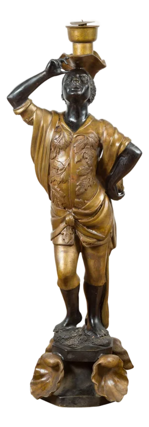 Vintage Bronze Candleholder Statue with Black and Gold Patina, on Shell Base