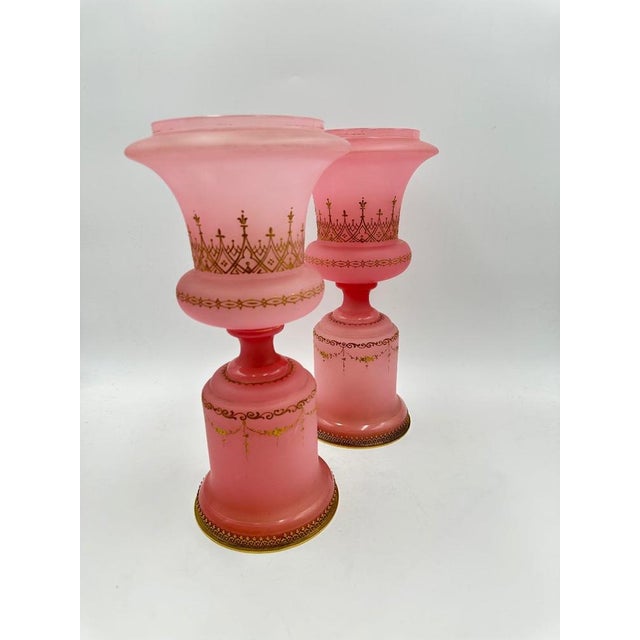 Pink Medici Vases in Pink Opaline with Gilt and Enamel Decoration and Brass-Rimmed Feet, 1890s, Set of 2 For Sale - Image 8 of 11