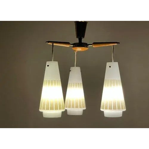 Mid-Century Modern Ceiling Lamp in Beech and Frosted Glass For Sale - Image 5 of 8