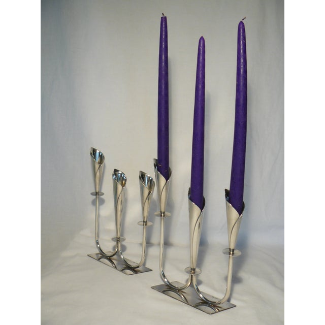 Mid-Century Modern 1950s Jens Hansen Calla Lily Triple-Stick Candle Holders From Denmark - a Pair For Sale - Image 3 of 12