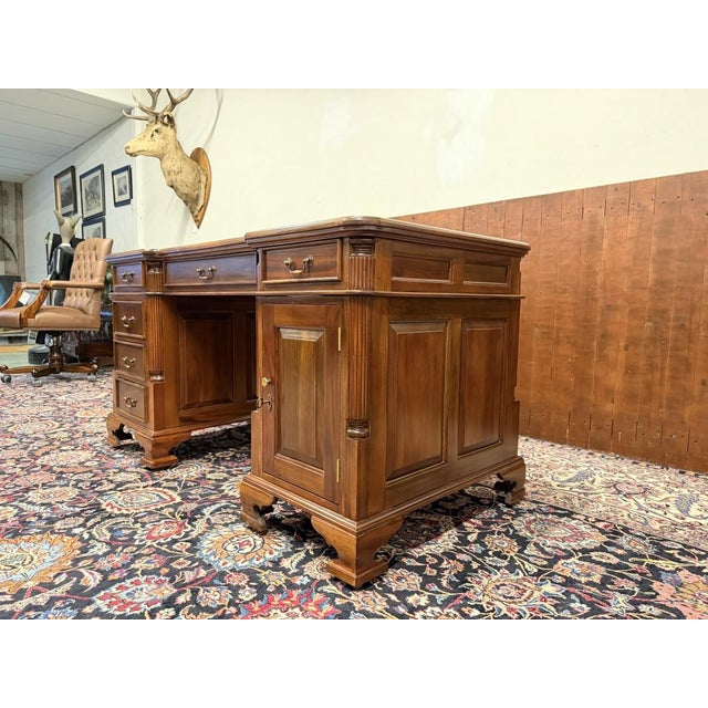 English Partner Desk with Green Leather Top For Sale - Image 6 of 18
