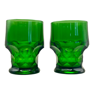 Vintage Faceted Green Glass Lowball Glasses- A Pair