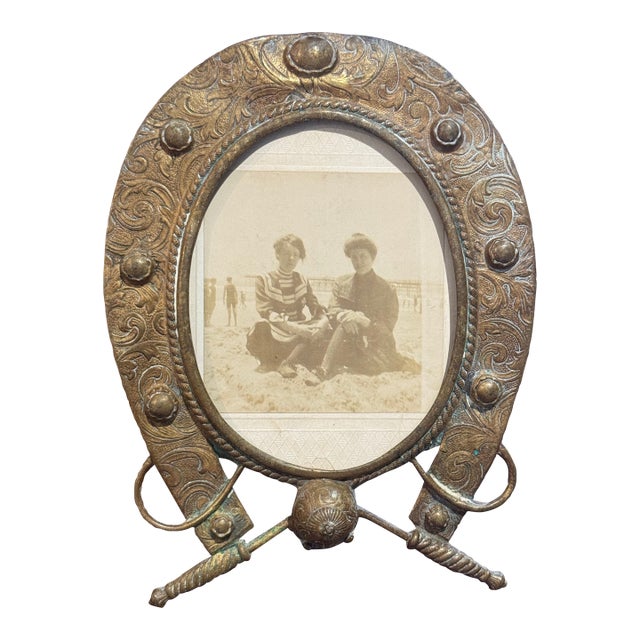 Rare 19th Century Brass Equestrian Picture Frame- Horse Shoe, Helmet, Riding Crops For Sale