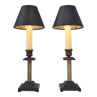 1890's English Antique Candlestick Table Lamps, Aesthetic Movement, Iron & Brass - A Pair - Rewired For Sale