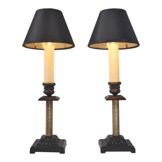 1890's English Antique Candlestick Table Lamps, Aesthetic Movement, Iron & Brass - A Pair - Rewired For Sale
