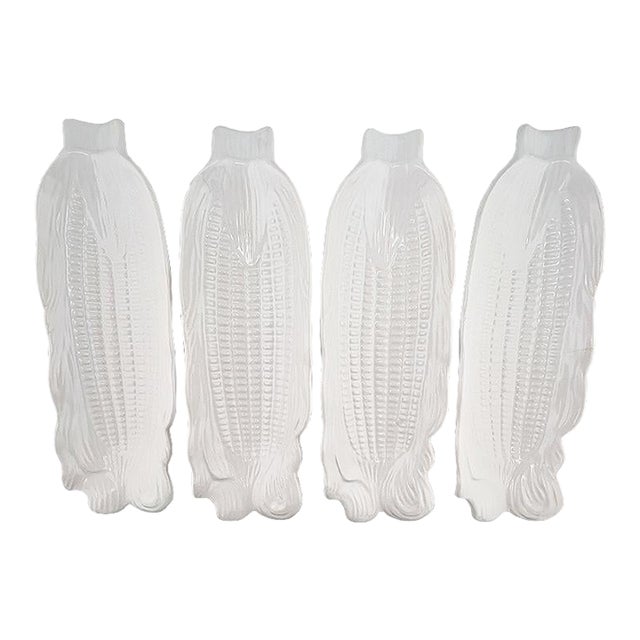 Set of 4 Vintage White Ceramic Corn Dishes, Mid-Century Corn Holders For Sale