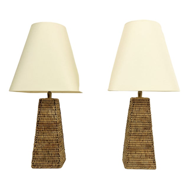 Vintage Woven Rattan Table Lamps, 1970s, Set of 2 For Sale
