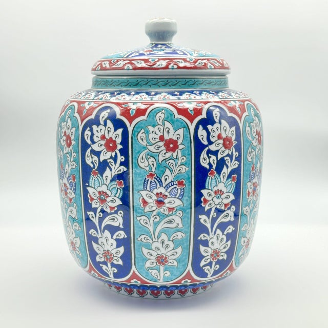 Handmade Ceramic Jar (25cm) “Aegean Columns” Design – Rhythmic Cobalt & Turquoise Architecture For Sale - Image 10 of 11