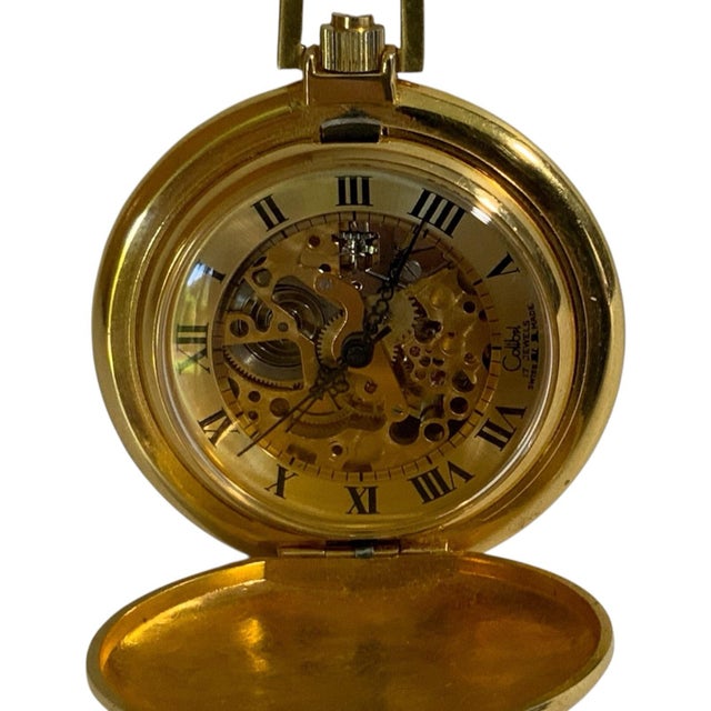 Vintage Colibri 17 Jewel Swiss Mechanical Skeleton Pocket Watch Gold Tone Made Usa 1970s-1980s For Sale - Image 4 of 6