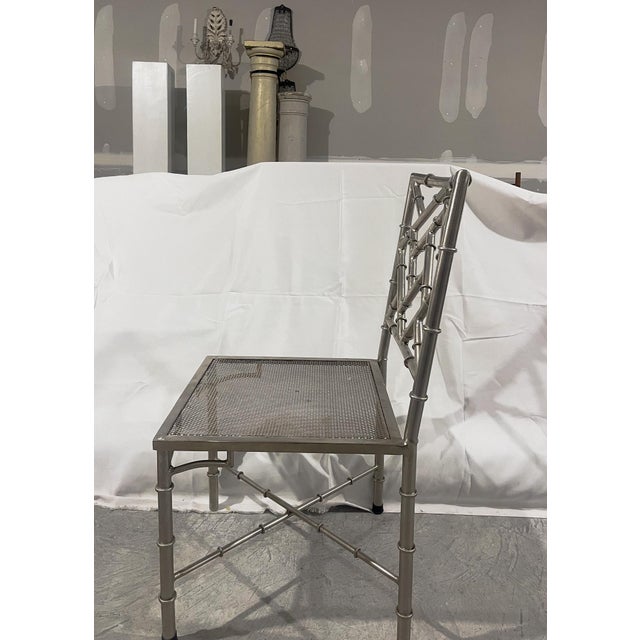 Chippendale Set of 4 Mid 20th Century Silver Metal Faux Chippendale Bamboo Chairs For Sale - Image 3 of 11