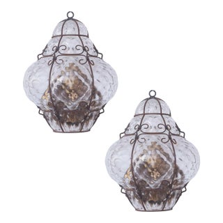 Set of 2 Murano Glass Wall Light Lantern, 1970 For Sale
