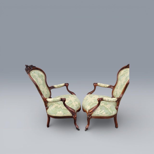 19th Century 19th Century American Carved Rosewood Living Room Arm Chairs Newly Upholstered For Sale - Image 5 of 18