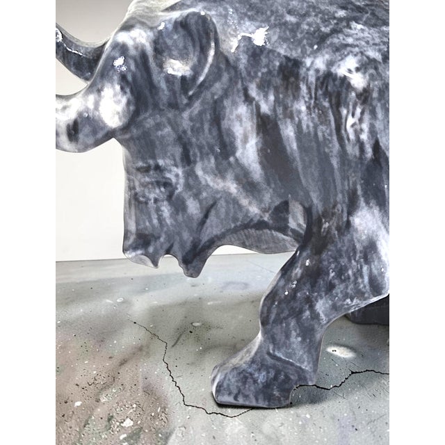 Onyx Vintage Hand Carved Marble Bull Sculpture | Black & White Stone Bull Figurine | Ranch Western Decor | Onyx Animal Statue For Sale - Image 8 of 9
