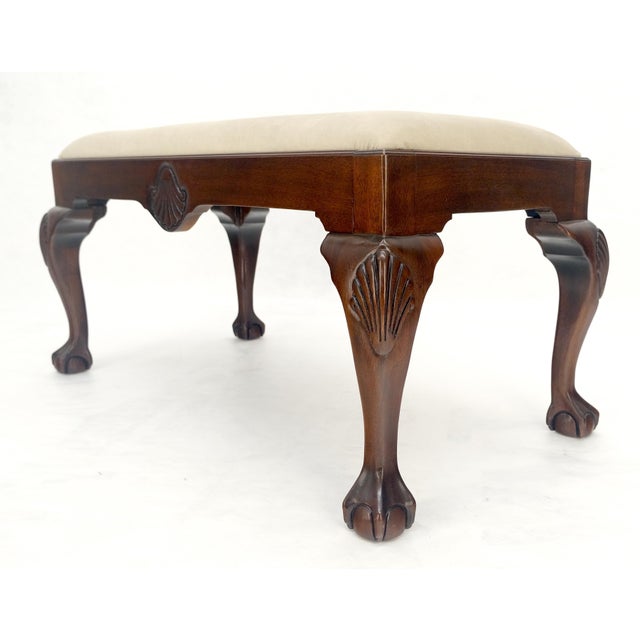 Chippendale Carved Mahogany Ball & Claw Chippendale Feet Ultra Suede Upholstery Bench MINT For Sale - Image 3 of 8