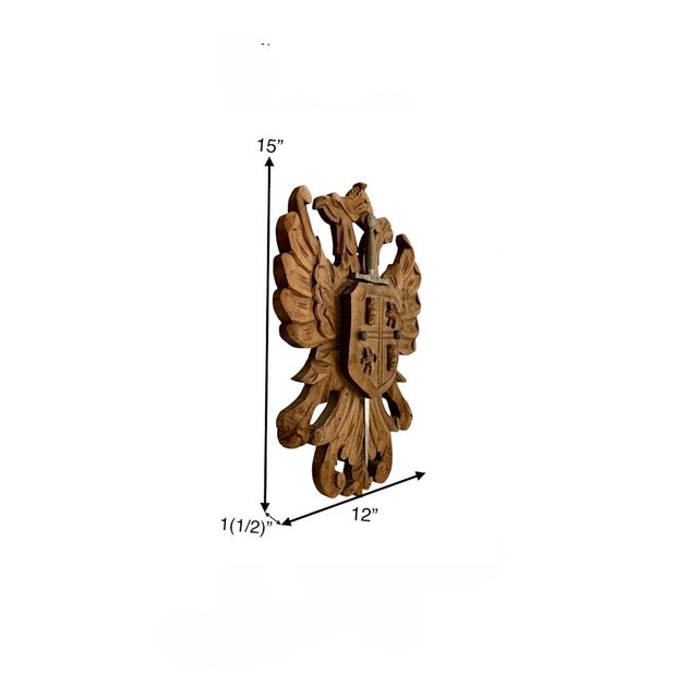 This vintage hand-carved wood double-headed eagle wall plaque shield features intricate detailing and craftsmanship,...