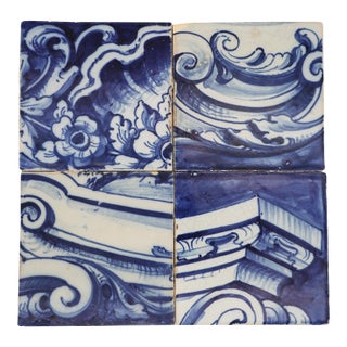 19th Century Set of Four Tiles Depicting Flowers and Rocailles , Portuguese Baroque For Sale