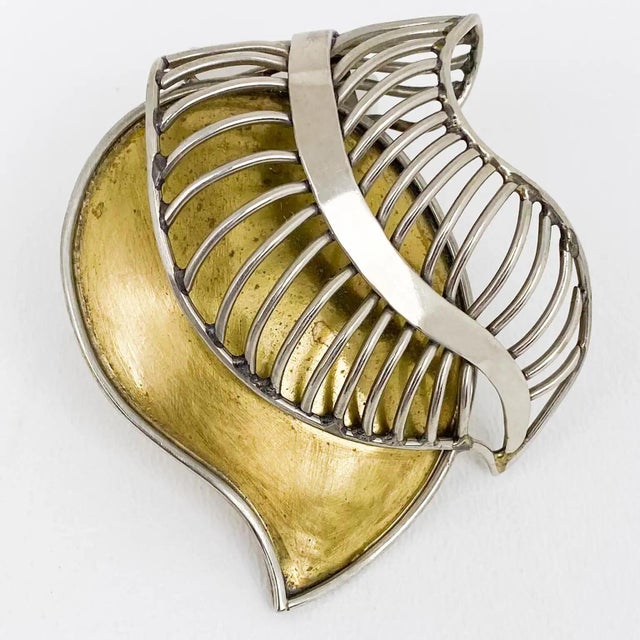 Contemporary Fabrice Paris Floral Carved Brass and Chrome Brooch For Sale - Image 3 of 9