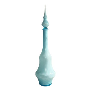 Large Empoli Cased Blue Glass Genie Bottle Decanter Mid Century Modern For Sale