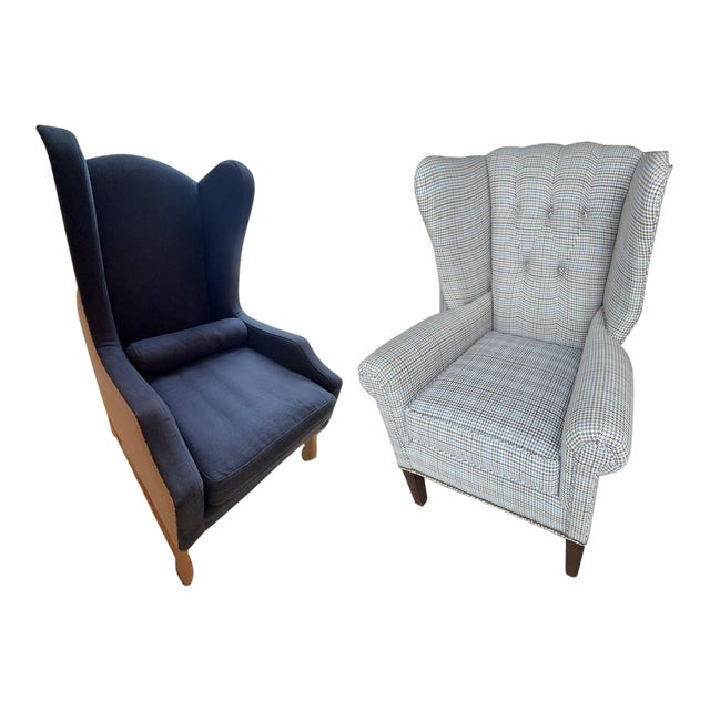 A Pair, Blue Wingback Chairs by Restoration Hardware and Mitchell Gold and Bob Williams For Sale