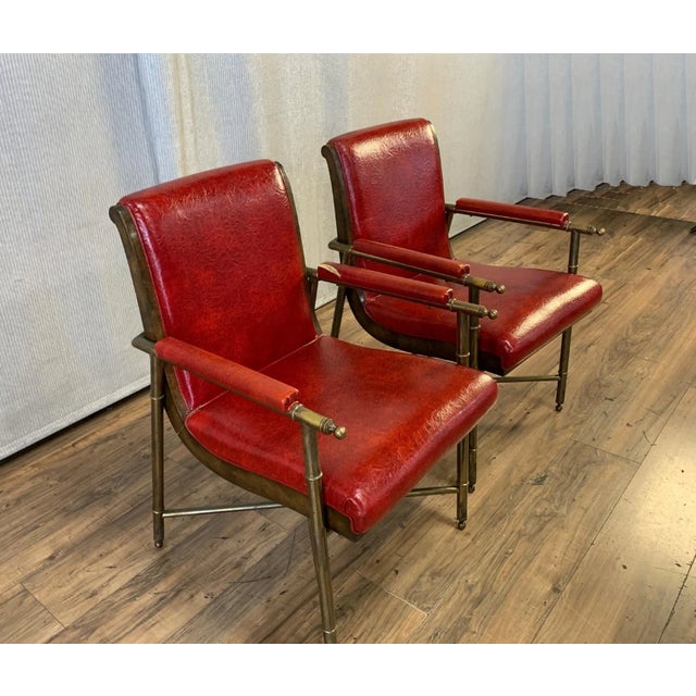 Hollywood Regency Chairs ~ Pair Vintage Mastercraft Style Red Hollywood Regency Brass Arm Chairs For Sale - Image 3 of 7