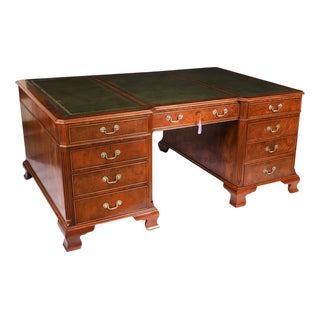Antique Victorian Burr Walnut Partners Pedestal Desk, 1900s For Sale