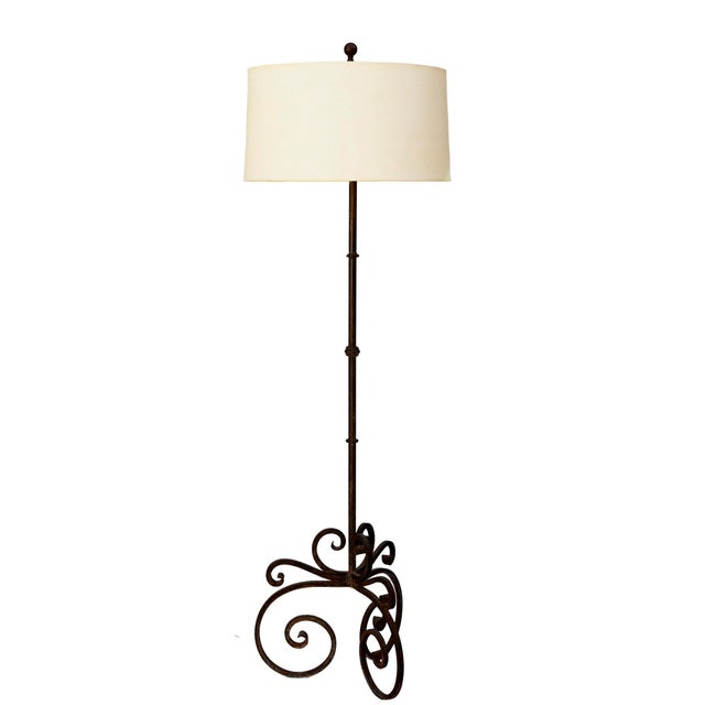 Spanish Revival 1990s Wrought Iron Spanish Revival Style Floor Lamp/ Custom Linen Drum Shade For Sale - Image 3 of 10